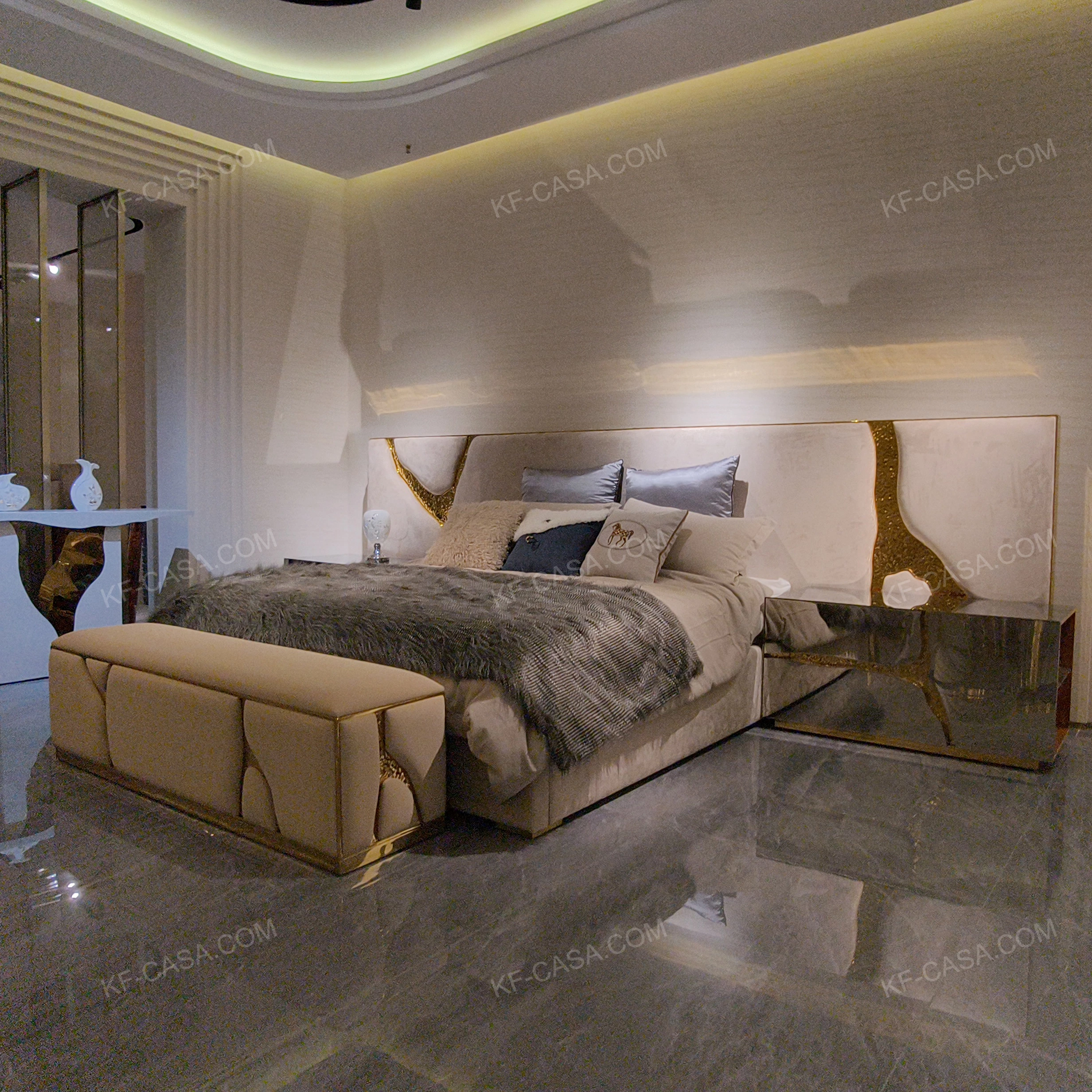 Light Beige Upholstered Bed with Artistic Gold Accents & Coordinated Bench